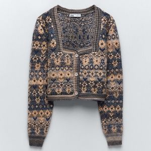 Zara Knit Jacquard Floral Sweater Jacket Medium